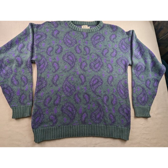 Vintage 90s Men's Large Sweater Paisley Print Retro Geek Chic Teal Purple - Picture 3 of 16